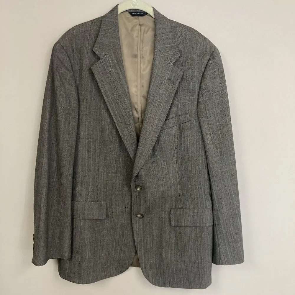 VTG Chaps by Ralph Lauren Blazer 44R Wool Gray Light Check Made in USA Suit Coat